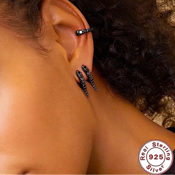Black Cubic Zircon Spiked Earrings, Minimalist, Punk, Gothic - Picture 1 of 8